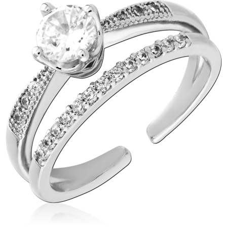 STERLING SILVER 925 RING DOUBLE BAND SOLITAIRE WITH CLEAR GEM AND PAVE