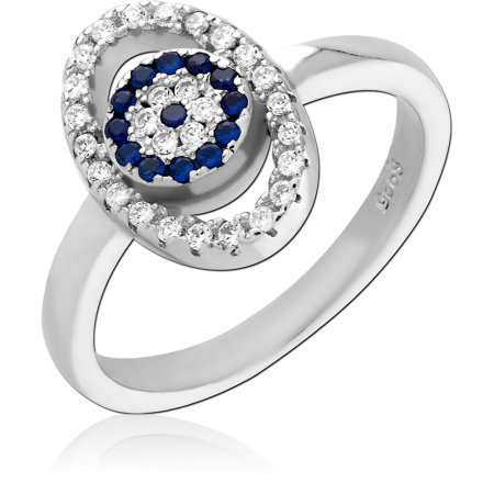 STERLING SILVER 925 RING OVAL HALO BLUE AND CLEAR GEM CLUSTER EVIL EYE DESIGN