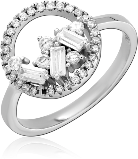 STERLING SILVER 925 RING OPEN CIRCLE HALO WITH BAGUETTE AND ROUND CLEAR GEMS
