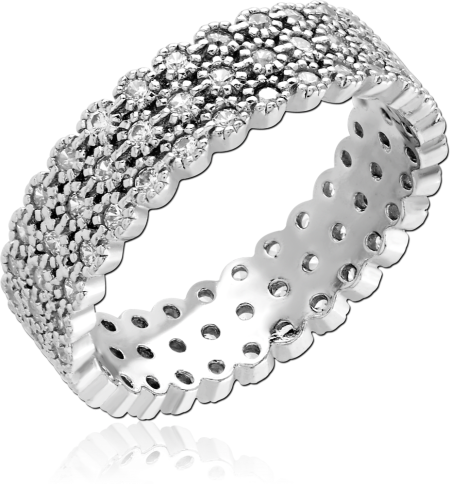 STERLING SILVER 925 RING WIDE BAND FLORAL CLUSTER TEXTURE WITH CLEAR GEMS