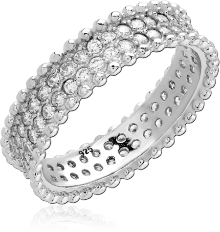 STERLING SILVER 925 RING THREE-ROW BEADED ETERNITY BAND WITH CLEAR GEMS