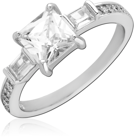 STERLING SILVER 925 RING PRINCESS-CUT CENTER WITH BAGUETTE SIDES AND PAVE ACCENTS