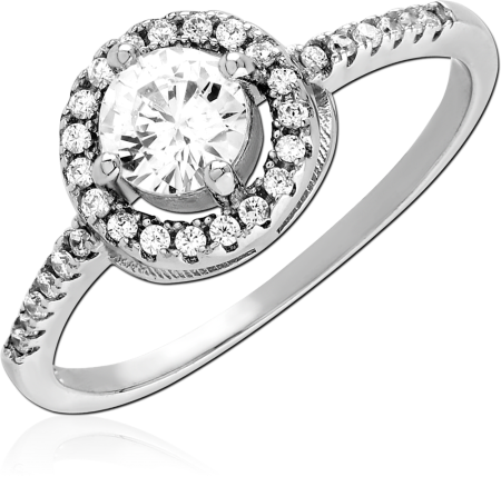 RHODIUM PLATED STERLING SILVER 925 RING HALO SOLITAIRE WITH PAVE CLEAR GEMS