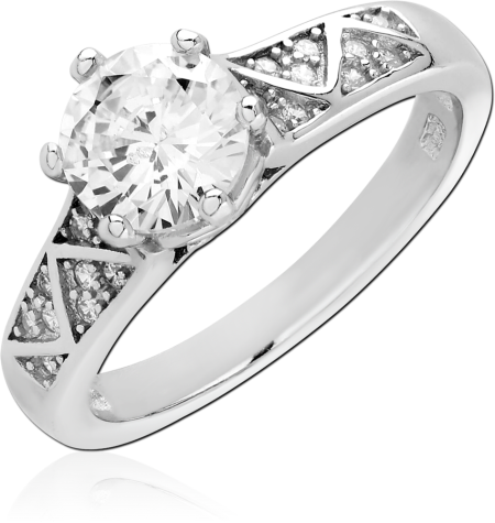 STERLING SILVER 925 RING ROUND SOLITAIRE GEM WITH GEOMETRIC PAVE SHOULDERS