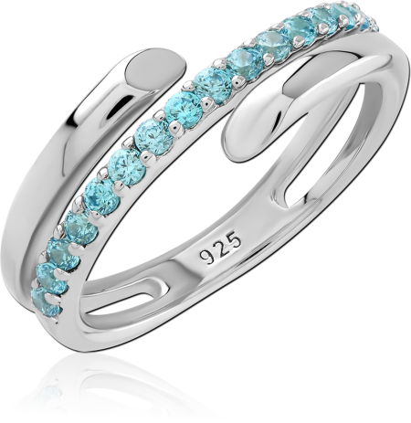 RHODIUM PLATED STERLING SILVER 925 RING OPEN BYPASS WITH AQUA ROUND GEMS