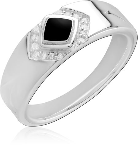 RHODIUM PLATED STERLING SILVER 925 RING BLACK SQUARE CENTER WITH CLEAR ACCENTS