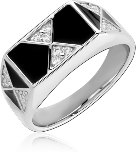 RHODIUM PLATED STERLING SILVER 925 RING GEOMETRIC BLACK TRIANGLES WITH CLEAR ACCENTS