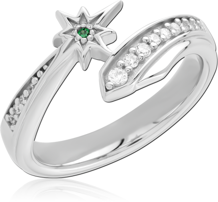 RHODIUM PLATED STERLING SILVER 925 RING SHOOTING STAR WITH GREEN AND CLEAR GEMS