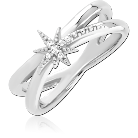 RHODIUM PLATED STERLING SILVER 925 RING SPLIT SHANK STARBURST WITH CLEAR GEMS