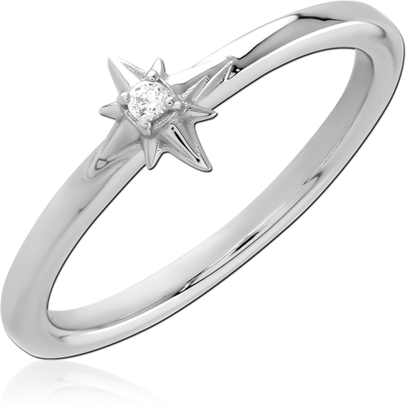 RHODIUM PLATED STERLING SILVER 925 RING MINIMAL STARBURST WITH SINGLE CLEAR GEM