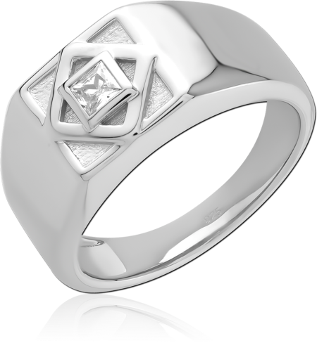 RHODIUM PLATED STERLING SILVER 925 SIGNET RING GEOMETRIC RHOMBUS FRAME CLEAR GEM