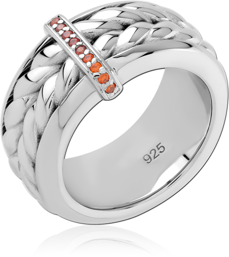 RHODIUM PLATED STERLING SILVER 925 WIDE BRAIDED RING BAR SET ORANGE GEMS