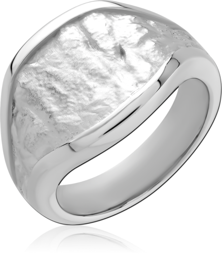 RHODIUM PLATED STERLING SILVER 925 SIGNET RING ASYMMETRICAL HAMMERED TEXTURE PANEL