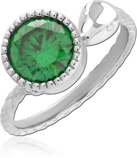 RHODIUM PLATED STERLING SILVER 925 SNAKE BYPASS RING WITH GREEN GEM