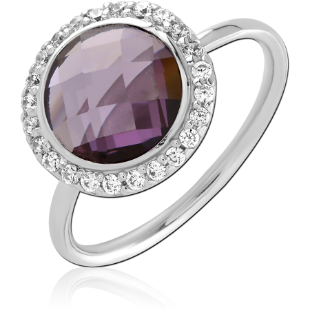 STERLING SILVER 925 RING ROUND GEM HALO WITH CLEAR ACCENTS