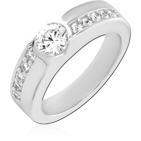 STERLING SILVER 925 RING BEZEL ROUND CLEAR GEM WITH PAVE SHOULDERS