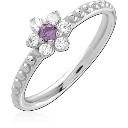 STERLING SILVER 925 RING FLOWER CLUSTER WITH PURPLE CENTER AND CLEAR ACCENT GEMS