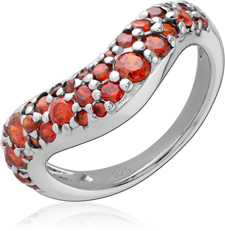 RHODIUM PLATED STERLING SILVER 925 CURVED BAND RING WITH ORANGE PAVE GEMS