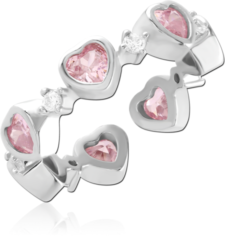 STERLING SILVER 925 RING PINK HEART GEMS WITH ALTERNATING CLEAR ROUND ACCENTS