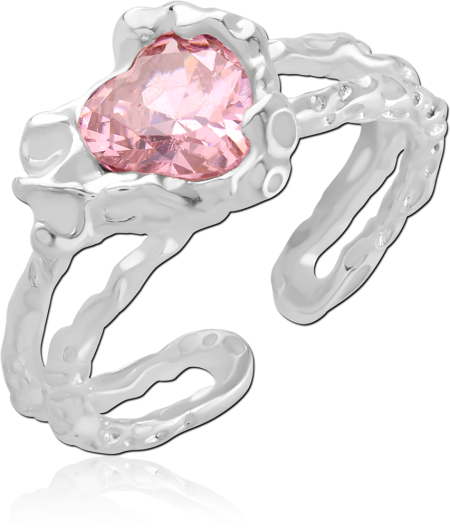 STERLING SILVER 925 RING ORGANIC MOLTEN BAND WITH PINK HEART GEM