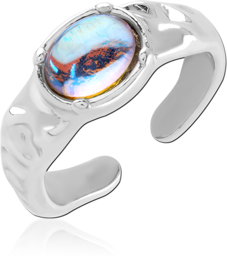 STERLING SILVER 925 RING OPEN BAND WITH OVAL IRIDESCENT CABOCHON GEM