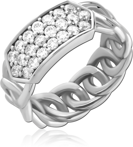 STERLING SILVER 925 RING CHAIN LINK BAND WITH PAVE PANEL CLEAR GEMS