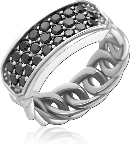 STERLING SILVER 925 RING CHAIN LINK BAND WITH PAVE PANEL BLACK GEMS