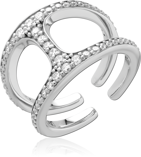STERLING SILVER 925 RING WIDE OPENWORK CUFF WITH PAVE CLEAR GEMS