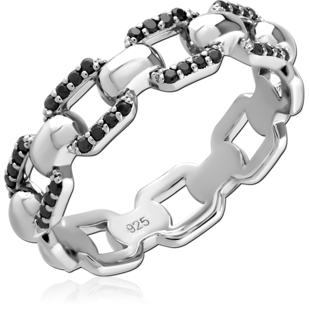 RHODIUM PLATED STERLING SILVER 925 CHAIN LINK ETERNITY RING BLACK PAVE GEMS