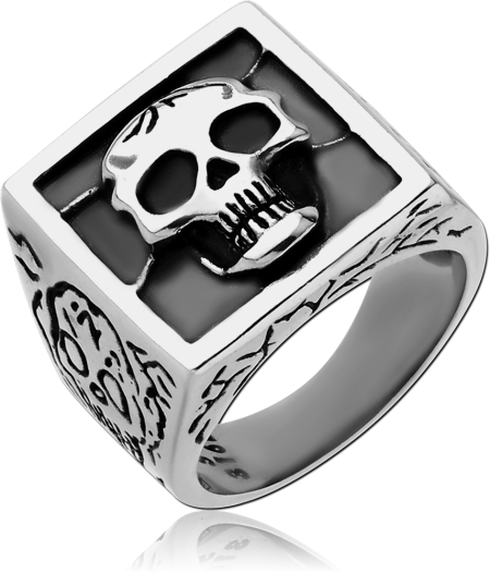 316L SURGICAL STEEL RING SQUARE SIGNET WITH SKULL AND BLACK INLAY SIDES