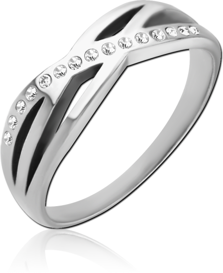 SURGICAL STEEL RING CRISSCROSS BAND CLEAR GEM ROW