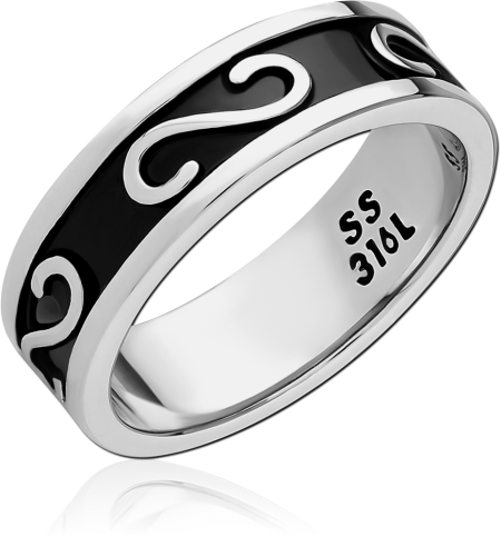 316L SURGICAL STEEL RING BLACK INLAY SCROLL PATTERN WIDE POLISHED BAND