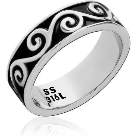 316L SURGICAL STEEL RING BLACK INLAY SWIRL PATTERN RAISED ACCENTS BAND