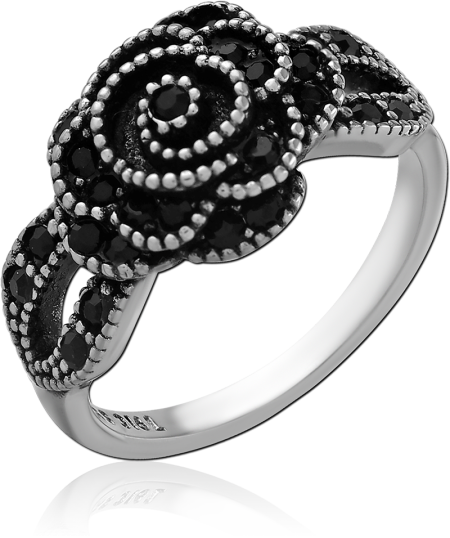 316L SURGICAL STEEL RING FLORAL ROSE DESIGN BLACK GEMS BEADED DETAIL