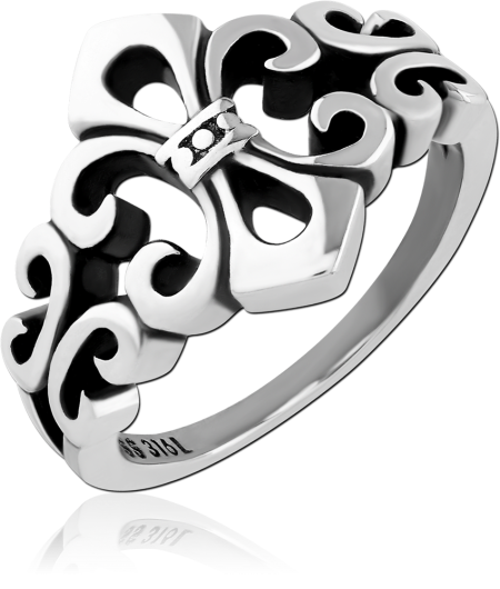 316L SURGICAL STEEL RING FLEUR-DE-LIS CUTOUT SCROLLWORK BAND OXIDIZED DETAILING POLISHED
