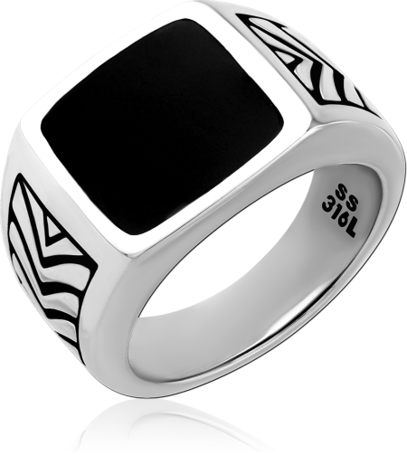 316L SURGICAL STEEL RING SQUARE BLACK INLAY SIGNET WITH PATTERNED SIDES OXIDIZED DETAILING