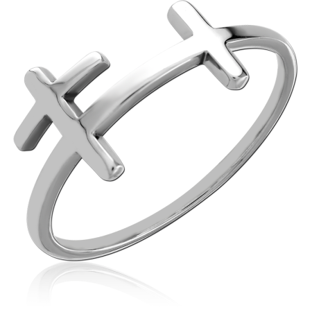 316L SURGICAL STEEL RING DOUBLE CROSS OPEN BAND POLISHED MINIMALIST DESIGN