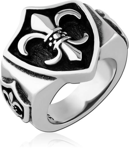 316L SURGICAL STEEL RING SHIELD SIGNET WITH FLEUR-DE-LIS EMBLEM OXIDIZED DETAILING