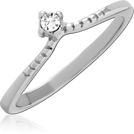 316L SURGICAL STEEL RING CHEVRON BAND SINGLE CLEAR GEM PRONG SET