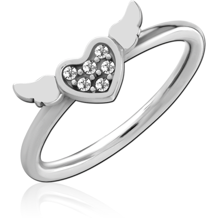 316L SURGICAL STEEL RING WINGED HEART TOP WITH CLEAR CRYSTAL ACCENTS