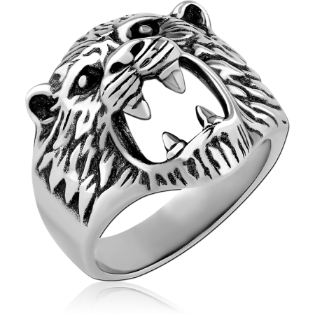 316L SURGICAL STEEL RING ROARING TIGER HEAD WITH BLACK ACCENTS