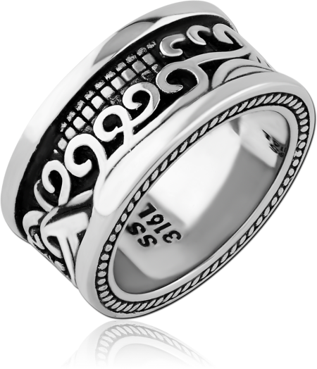 316L SURGICAL STEEL RING WIDE BAND SCROLL PATTERN WITH BLACK ACCENTS