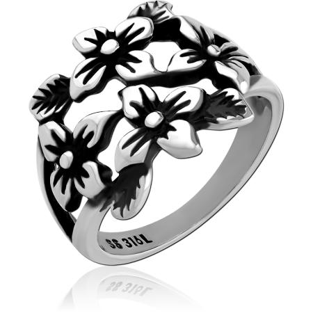 316L SURGICAL STEEL RING OPENWORK FLOWER CLUSTER WITH LEAVES