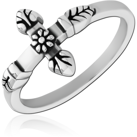 316L SURGICAL STEEL RING CROSS AND LEAF MOTIF WITH FLOWER CENTER