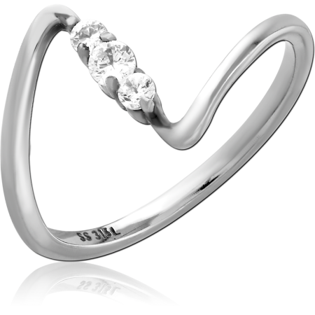 316L SURGICAL STEEL RING CHEVRON V BAND WITH FOUR CLEAR ROUND GEMS