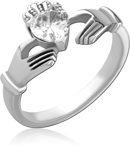 316L SURGICAL STEEL RING WITH HANDS HOLDING TEARDROP CLEAR GEM DESIGN