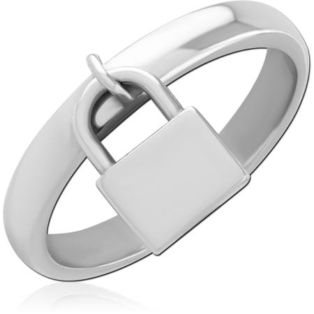 316L SURGICAL STEEL RING POLISHED BAND WITH SQUARE PADLOCK DANGLE CHARM