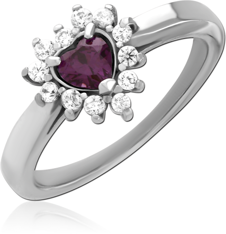 316L SURGICAL STEEL RING HEART PURPLE GEM WITH CLEAR HALO ACCENTS PRONG SET