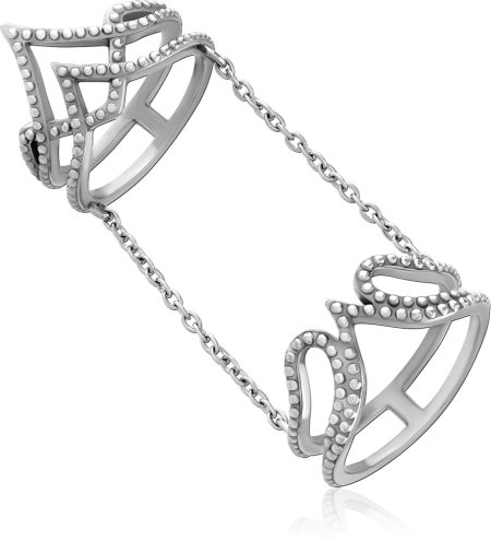 316L SURGICAL STEEL DOUBLE RING WITH CHAINS OPENWORK GEOMETRIC BEADED DESIGN