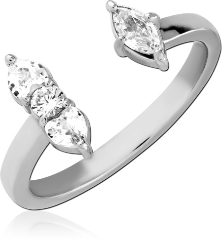 316L SURGICAL STEEL RING OPEN BYPASS WITH THREE CLEAR GEMS MARQUISE ENDS